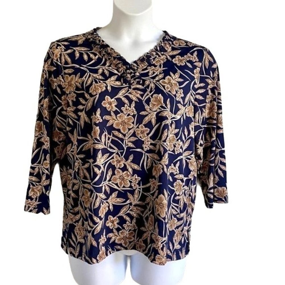 Bon Worth Navy Top with Floral Design Large